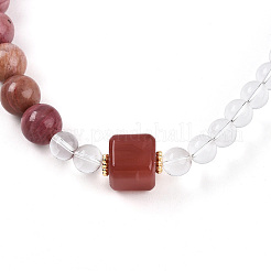 Round Natural Fresh Water Pearl & Red Agate Rhodonite & Quartz Crystal Beaded  Wrap Bracelets for Men Women&nbsp;BJEW-T022-07
