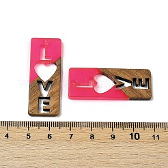 樹脂とクルミのペンダント  単語の愛の長方形  バレンタインデーの贈り物のために  カメリア  40x15.5x3.5mm  穴：1.8mm&nbsp;WOOD-I013-01C