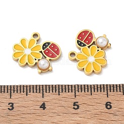 304ステンレススチールエナメルペンダント  absプラスチックパール  花とてんとう虫のチャーム  イオンプレーティング（ip）  ゴールドカラー  12.5x15.5x3mm  穴：1.5mm&nbsp;SA-CBA7876-12G