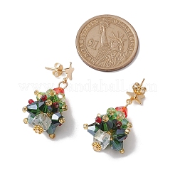 ガラスダングルピアス  304ステンレススチール製金具付き  クリスマスツリー  濃い緑  ゴールドカラー  38x18mm&nbsp;EJEW-JE05961