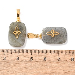 天然石ラブラドライトペンダント  真鍮製の金具と304ステンレススチール製のカボションを使用  ゴールドカラー  花柄のチャームが付いた長方形  23~23.5x13~13.5x3.5~4mm  穴：7.5x4mm&nbsp;G-G461-07G-06