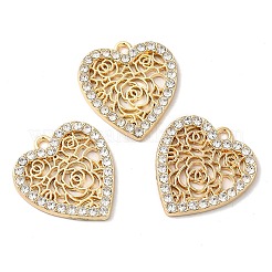 合金ラインストーンペンダント  カドミウムフリー＆ニッケルフリー＆鉛フリー  花のチャーム付きハート  ゴールドカラー  21x19.5x2mm  穴：1.6mm&nbsp;PALLOY-E027-VF716