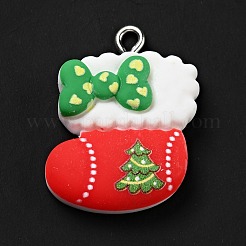 クリスマスの不透明な樹脂ペンダント  プラチナトーンの鉄ループ付き  クリスマス靴下チャーム  レッド  26.5x19x7mm  穴：2x2.7mm&nbsp;RESI-G043-B07
