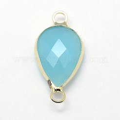 ゴールデントーン真鍮ガラスティアドロップリンクコネクター  ライトブルー  21x11x5mm  穴：2mm&nbsp;GLAA-J010A-HF24-G