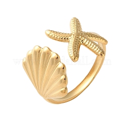 304 Stainless Steel Starfish & Shell Open Cuff Rings for Women&nbsp;X-RJEW-C095-09G