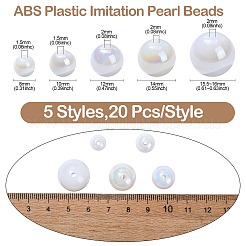 100 個 5 スタイル ABS プラスチック模造パールビーズ  ラウンド  ホワイト  8~16x8~15.5mm  穴：1.5~2mm  20個/スタイル&nbsp;KY-CJ0002-03