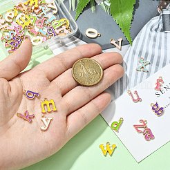 2セット合金エナメルペンダント  ライトゴールド  レターチャーム  ミックスカラー  a～zの文字  12.5~13.5x5~14.5x1.5mm  穴：1.4mm  26個/セット&nbsp;ENAM-CJ0005-55