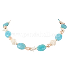 Ocean Synthetic Turquoise Turtle Starfish & Oval Acrylic & Round Glass Pearl Beaded Necklaces for Women&nbsp;NJEW-JN06077
