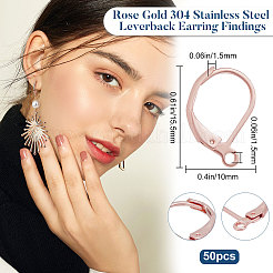 304ステンレススチールフレンチフックピアス金具50個  水平ループ付き  ローズゴールド  15.5x10x1.5mm  穴：1.5mm&nbsp;STAS-BBC0001-44RG