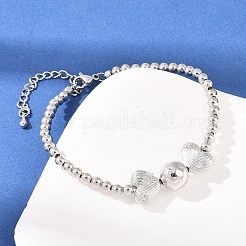 真鍮マイクロパヴェクリアキュービックジルコニアラウンドビーズブレスレット  女性用ハートチャームジュエリー  長持ちメッキ  ラックめっき  鉛フリー＆カドミウムフリー  プラチナ  7.40インチ（18.8cm）&nbsp;BJEW-F528-05P