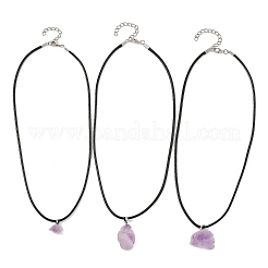 Raw Rough Natural Amethyst Nuggets Pendant Black Imitation Leather Cord Necklaces for Women&nbsp;NJEW-JN06535