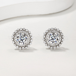 女性用スターリングシルバー製パヴェモアッサナイトスタッドピアス925点  ラウンド  プラチナ  13x13mm&nbsp;EZ0984