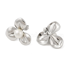 304ステンレススチールとプラスチックの模造真珠スタッドピアス（女性用）  花  ステンレス鋼色  17.5x19mm&nbsp;EJEW-G396-01P