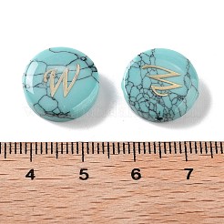 合成ターコイズビーズ  金色の真鍮スライス付き  アルファベット付きフラットラウンド  文字W  15x5.5mm  穴：1.4mm&nbsp;G-A238-02W