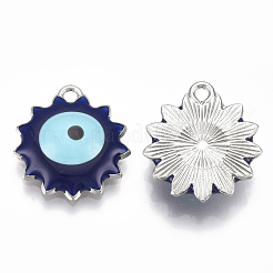 合金ペンダント  エナメル  ナザールボンジュウ付き花  プラチナ  ミッドナイトブルー  21x19x4.5mm  穴：1.8mm&nbsp;X-ENAM-S016-48B