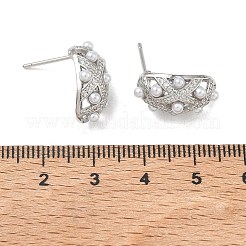 真鍮製 マイクロパヴェ キュービックジルコニア スタッドピアス 女性用  ハーフフープピアス  ABSの模造パールと  ラックめっき  長持ちメッキ  鉛フリー＆カドミウムフリー  プラチナ  16x10mm&nbsp;EJEW-A168-20P