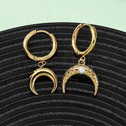 304ステンレススチールフープピアス5個  ムーン  プラスチック模造パールと  ゴールドカラー  23~32x7~15.5mm&nbsp;EJEW-G447-02G