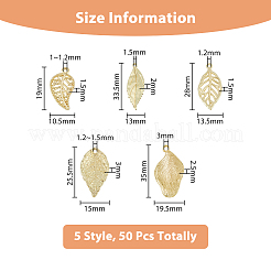 50 個 5 スタイルラックメッキ合金ペンダント  葉のチャーム  ライトゴールド  19~35.5x10.5~15x1.5~3mm  穴：1~3mm  10個/スタイル&nbsp;FIND-DC0002-89