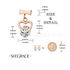 ステンレススチールダングルスタッドピアス  グレードAAAキュービックジルコニア付き  ハート  透明  ローズゴールド  7x2.3mm  6.5x8mm&nbsp;JE683A