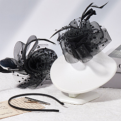 女性用ガーゼフェザーフラワーヘアバンド  花嫁のヘアアクセサリー  ブラック  66.5~150x11~225x15~68mm&nbsp;OHAR-WH20002-05
