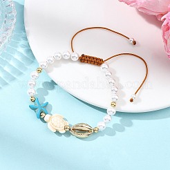 Dyed Synthetic Turquoise & Shell Pearl & Alloy Beads Braided Bead Bracelets for Women&nbsp;BJEW-JB13806
