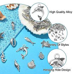 100個10スタイルチベットスタイル合金チャーム  鉛フリー＆カドミウムフリー  タツノオトシゴ＆カメ＆魚＆イルカ＆人魚＆貝殻  アンティークシルバー  15~24x7.5~21x3~6mm  穴：1.5~3mm  10個/スタイル&nbsp;TIBEP-CJ0001-36