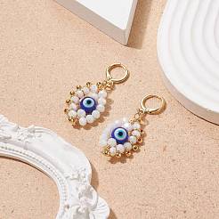 ランプワーク & ガラス編みのホースアイ ダングル レバーバック イヤリング  女性のためのゴールデンブラスジュエリー  ブルー  46mm  ピン：1x1.2mm&nbsp;EJEW-TA00108