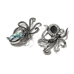 天然パウアシェル/アワビシェルタコブローチ  合金パヴェジェットラインストーン海の動物ピン  アンティークシルバー  カラフル  52.5x36.5x4~6mm  穴：7x4mm&nbsp;X-FIND-Z032-03B