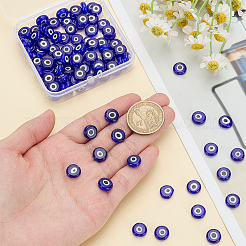 手作りのナザールボンジュウのランプワークビーズ  フラットラウンド  ブルー  9.5x3.5mm  穴：1.2mm  100個/セット&nbsp;LAMP-ME0001-16B