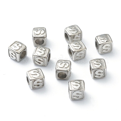 変色しにくい304ステンレススチール製ヨーロピアンビーズ  大穴ビーズ  水平穴  文字付きのキューブ  ステンレス鋼色  文字.s  8x8x8mm  穴：4mm&nbsp;STAS-H145-01S-P
