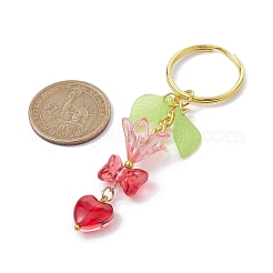 ちょう結びとハートのガラスペンダント装飾  アクリルリーフ/フラワーチャームとアイアンスプリットキーホルダー付き  レッド  8.8cm&nbsp;KEYC-JKC00691-01