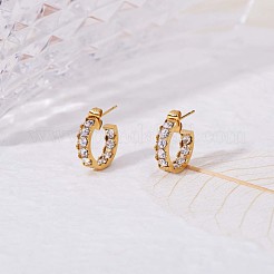 クリアキュービックジルコニアC字型スタッドピアス  430ステンレススチール製ハーフフープピアス（女性用）  ゴールドカラー  15x4mm  ピン：1mm&nbsp;JE950A