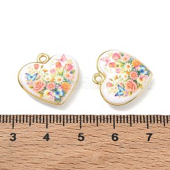 プリントブラスペンダント  ハートと花柄のチャーム  ラックめっき  長持ちメッキ  鉛フリー＆カドミウムフリー  18KGP本金メッキ  カラフル  18.5x19x4.5mm  穴：2mm&nbsp;KK-CBAF9BC-02G-02