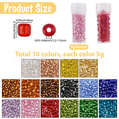 16色の丸いガラスシードビーズ  ラウンド  透明なプラスチック詰め替えボトル16個付き  ミックスカラー  4x3mm  穴：1.2~1.5mm  80グラム&nbsp;SEED-SC0001-56C