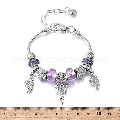 合金ヨーロッパビーズチャームブレスレット  女性用スネークチェーンブレスレット  葉と羽と花  樹脂とポリマー粘土のラインストーンとシリコンビーズを使用  鉛フリー＆カドミウムフリー  プラチナ  7-1/2インチ（19cm）&nbsp;BJEW-F495-17P