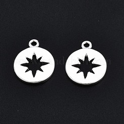 真鍮製チャーム  スターとフラットラウンド  ニッケルフリー  925銀メッキ  12x9.5x1mm  穴：1mm&nbsp;KK-T020-89S