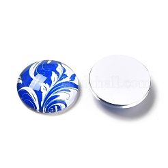 青と​​白の花​​の印刷されたガラスカボション  半円/ドーム  スチールブルー  18x5mm&nbsp;X-GGLA-A002-18mm-XX