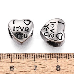 304ステンレス鋼のヨーロッパスタイルの大きな穴のビーズ  言葉i love youとハート  アンティークシルバー  11x11~11.5x8~8.5mm  穴：4.5~5mm&nbsp;STAS-T072-106AS