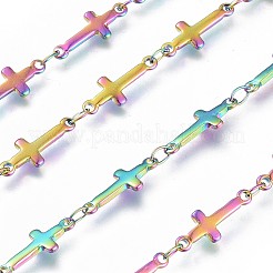 イオンプレーティング（IP）ハンドメイド304ステンレススチールリンクバーチェーン  ハンダ付け  スプールで  クロス  虹色  13x5x1.5mm  約32.8フィート（10m）/ロール&nbsp;STAS-G038-21M