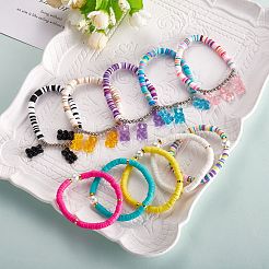 ポリマークレイヘイシビーズストレッチ＆チャームブレスレットセット  プラチナメッキ鉄丸ビーズ付き  ミックスカラー  10個/セット&nbsp;sgBJEW-SZ0001-33