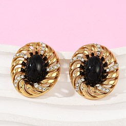 楕円形 304 ステンレススチール スタッド イヤリング  ガラスとラインストーン付き  ゴールドカラー  28x23.5mm&nbsp;EJEW-M105-05G