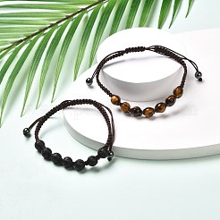男性女性のために設定された石編みビーズブレスレット  天然溶岩と天然タイガーアイ＆非磁性合成ヘマタイトブレスレット  内径：2-1/8~3-1/2インチ（5.5~8.8cm）  2個/セット&nbsp;BJEW-JB06739