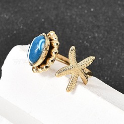 女性用304ステンレススチールオープンカフリング  合成ターコイズ付き  ゴールドカラー  ヒトデ  usサイズ8 3/4(18.7mm)&nbsp;RJEW-K258-13A-G