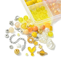 DIY 合金エナメル & ガラス & ABS プラスチック模造真珠ブレスレット ジュエリー作成キット  混合図形  きいろ  8mm  穴：1.3~1.6mm  2色  15個/カラー  30pc&nbsp;DIY-FS0007-52