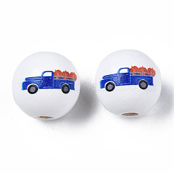 秋のテーマプリント天然木ビーズ  カボチャとトラックで車とラウンド  ダークブルー  15.5x14.5mm  穴：4mm&nbsp;WOOD-S057-093