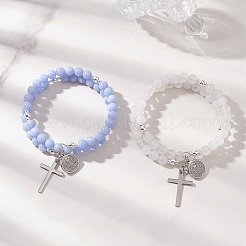 2Pcs Natural Dyed Blue Lace Agate & White Jade Beads Double strand Stretch Bracelets&nbsp;BJEW-JB13065