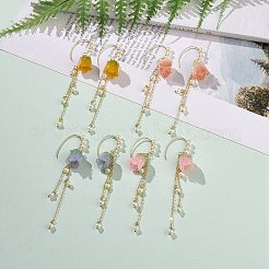 イミテーションパールビーズダングルイヤリング付きプラスチックフラワー  女性のための金色の真鍮タッセル ロング ドロップ イヤリング  ミックスカラー  85~87mm  ピン：0.9mm&nbsp;EJEW-JE05128