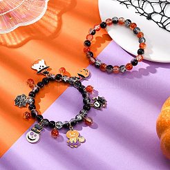 スプレー塗装クラックルガラスラウンドビーズストレッチブレスレット2個  女性用ハロウィン合金エナメルチャームブレスレット  ブラック  内径：2インチ（5.1cm）&nbsp;BJEW-JB12484-02