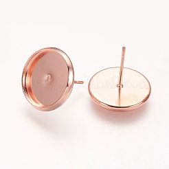 平皿真鍮スタッドピアスのセッティング  カドミウムフリー＆ニッケルフリー＆鉛フリー  ローズゴールド  トレイ：12mm  14mm  ピン：0.7mm&nbsp;X-KK-E589-14mm-RG-NR