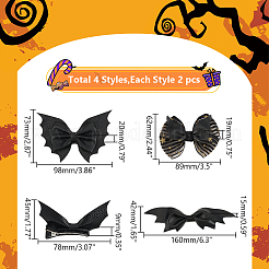 ハロウィンテーマのコウモリと蝶結びのイミテーションレザーのワニヘアクリップとヘアバレッタ8個、4スタイル  鉄のクリップ付き  女性の女の子のために  ブラック  42~145x78~152x9~19mm  2個/スタイル&nbsp;PHAR-WR0001-01